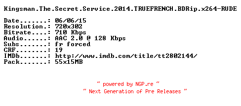 NFO for the release Kingsman.The.Secret.Service.2014.TRUEFRENCH.BDRip.x264-RUDE by RUDE