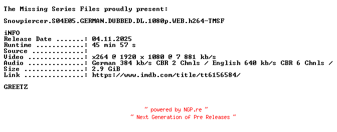 NFO for the release Snowpiercer.S04E05.GERMAN.DUBBED.DL.1080p.WEB.h264-TMSF by TMSF