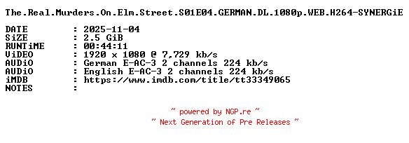 NFO for the release The.Real.Murders.On.Elm.Street.S01E04.GERMAN.DL.1080p.WEB.H264-SYNERGiE by SYNERGiE