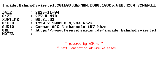 NFO for the release Inside.Bahnhofsviertel.S01E08.GERMAN.DOKU.1080p.WEB.H264-SYNERGiE by SYNERGiE