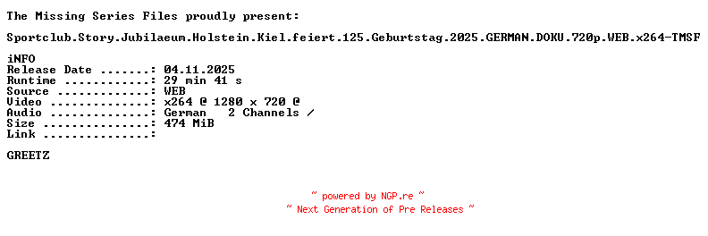 NFO for the release Sportclub.Story.Jubilaeum.Holstein.Kiel.feiert.125.Geburtstag.2025.GERMAN.DOKU.720p.WEB.x264-TMSF by TMSF