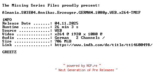NFO for the release Almania.S03E04.Annikas.Erzeuger.GERMAN.1080p.WEB.x264-TMSF by TMSF