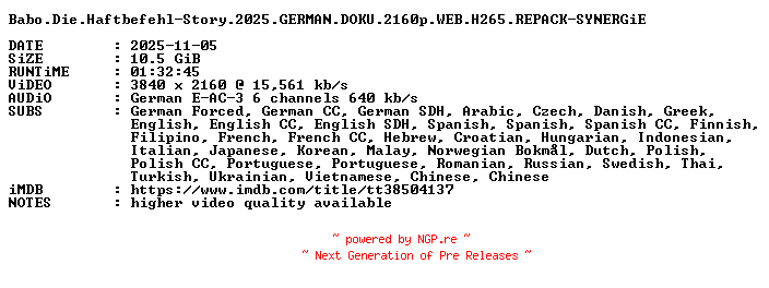 NFO for the release Babo.Die.Haftbefehl-Story.2025.GERMAN.DOKU.2160p.WEB.H265.REPACK-SYNERGiE by SYNERGiE