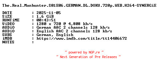 NFO for the release The.Real.Manhunter.S01E06.GERMAN.DL.DOKU.720p.WEB.H264-SYNERGiE by SYNERGiE