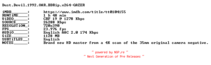 NFO for the release Dust.Devil.1992.OAR.BDRip.x264-GAZER by GAZER