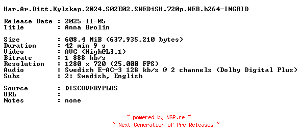 NFO for the release Har.Ar.Ditt.Kylskap.2024.S02E02.SWEDiSH.720p.WEB.h264-INGRID by INGRID