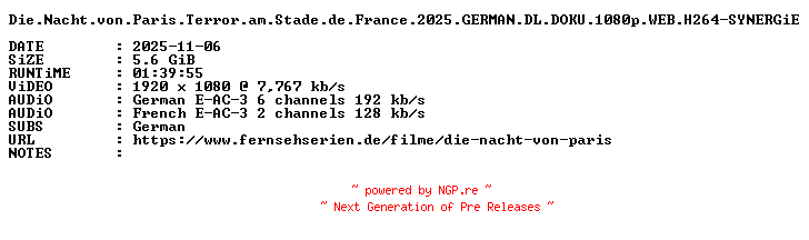 NFO for the release Die.Nacht.von.Paris.Terror.am.Stade.de.France.2025.GERMAN.DL.DOKU.1080p.WEB.H264-SYNERGiE by SYNERGiE