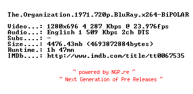 NFO for the release The.Organization.1971.720p.BluRay.x264-BiPOLAR by BiPOLAR