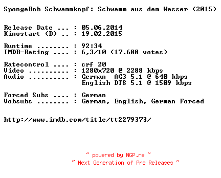 NFO for the release SpongeBob.Schwammkopf.Schwamm.aus.dem.Wasser.2015.German.DL.720p.BluRay.x264-EXQUiSiTE by EXQUiSiTE