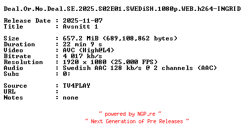 NFO for the release Deal.Or.No.Deal.SE.2025.S02E01.SWEDiSH.1080p.WEB.h264-INGRID by INGRID