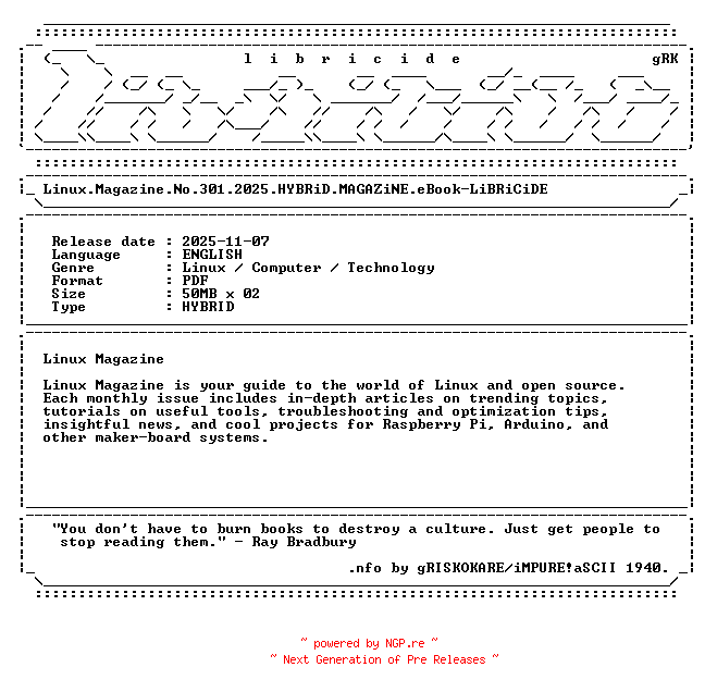 NFO for the release Linux.Magazine.No.301.2025.HYBRiD.MAGAZiNE.eBook-LiBRiCiDE by LiBRiCiDE