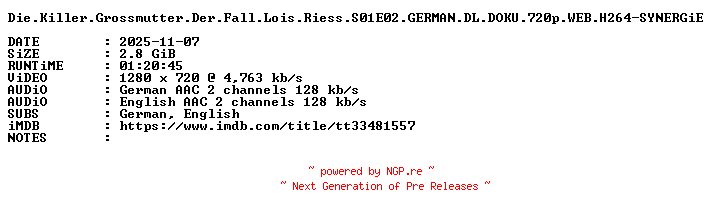 NFO for the release Die.Killer.Grossmutter.Der.Fall.Lois.Riess.S01E02.GERMAN.DL.DOKU.720p.WEB.H264-SYNERGiE by SYNERGiE