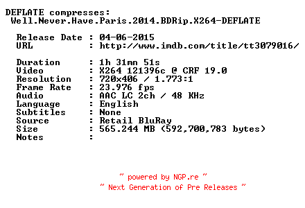 NFO for the release Well.Never.Have.Paris.2014.BDRip.X264-DEFLATE by DEFLATE