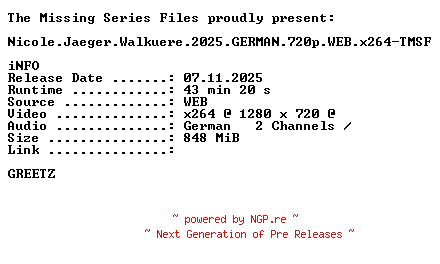 NFO for the release Nicole.Jaeger.Walkuere.2025.GERMAN.720p.WEB.x264-TMSF by TMSF