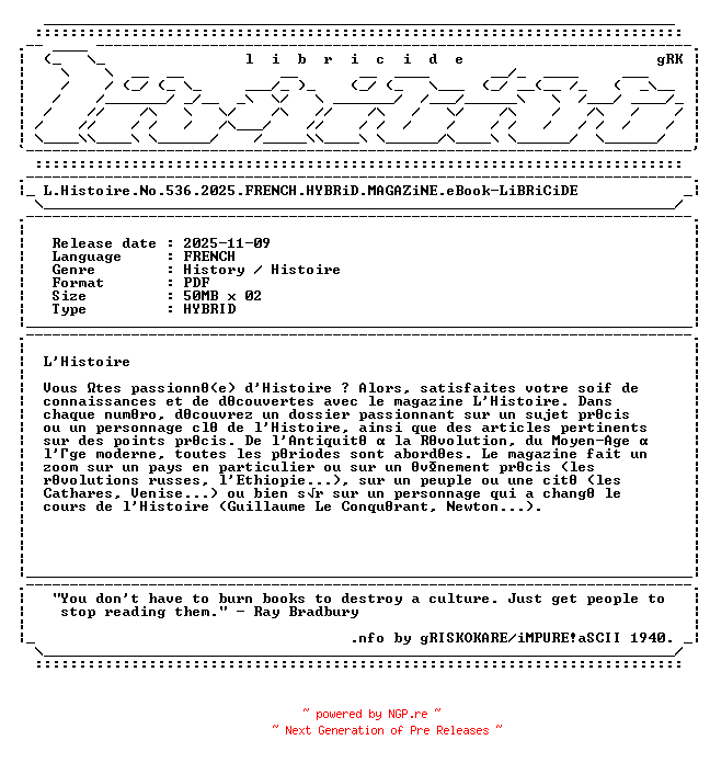 NFO for the release L.Histoire.No.536.2025.FRENCH.HYBRiD.MAGAZiNE.eBook-LiBRiCiDE by LiBRiCiDE