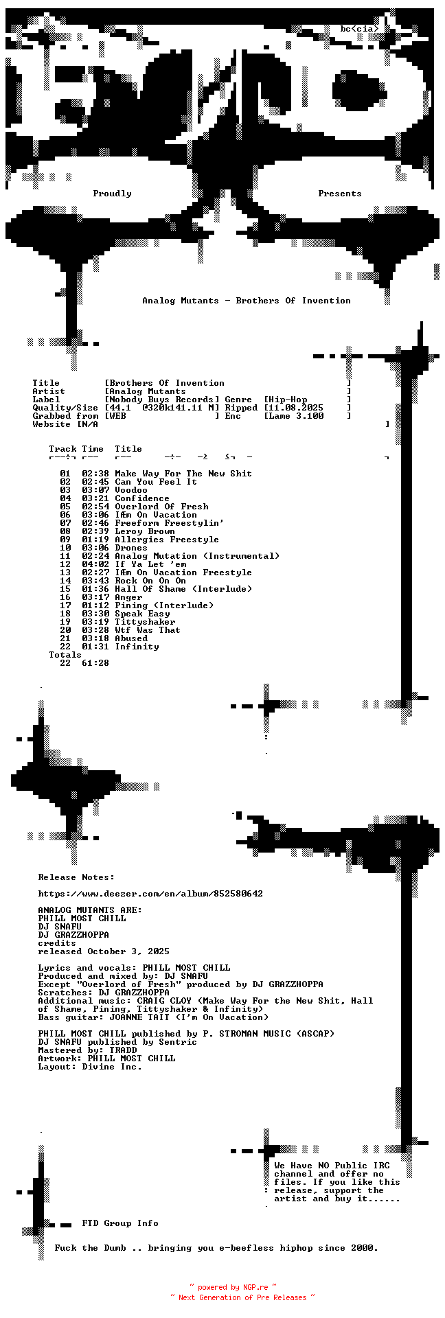 NFO for the release Analog_Mutants-Brothers_Of_Invention-WEB-2025-FTD by FTD