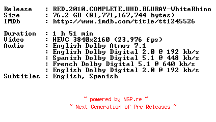NFO for the release RED.2010.COMPLETE.UHD.BLURAY-WhiteRhino by WhiteRhino