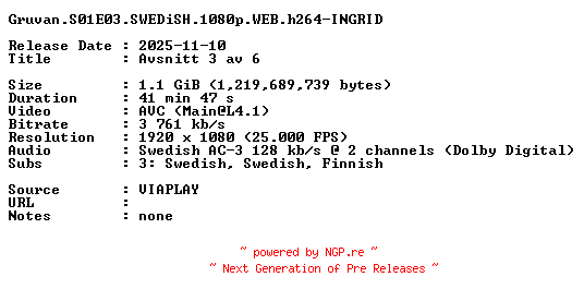 NFO for the release Gruvan.S01E03.SWEDiSH.1080p.WEB.h264-INGRID by INGRID