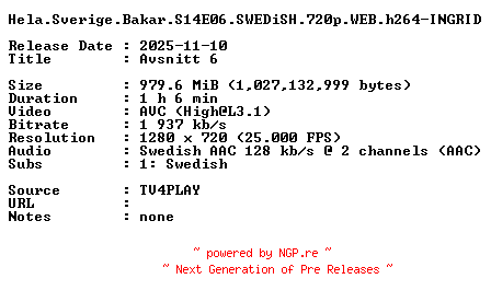NFO for the release Hela.Sverige.Bakar.S14E06.SWEDiSH.720p.WEB.h264-INGRID by INGRID