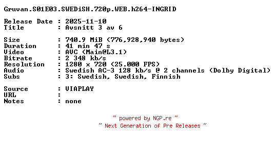NFO for the release Gruvan.S01E03.SWEDiSH.720p.WEB.h264-INGRID by INGRID