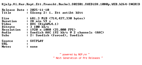 NFO for the release Hjalp.Vi.Har.Kopt.Ett.Franskt.Ruckel.S02E01.SWEDiSH.1080p.WEB.h264-INGRID by INGRID