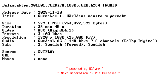 NFO for the release Balansakten.S01E01.SWEDiSH.1080p.WEB.h264-INGRID by INGRID