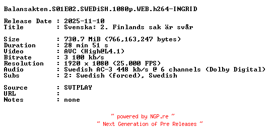 NFO for the release Balansakten.S01E02.SWEDiSH.1080p.WEB.h264-INGRID by INGRID