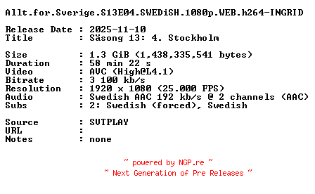 NFO for the release Allt.for.Sverige.S13E04.SWEDiSH.1080p.WEB.h264-INGRID by INGRID