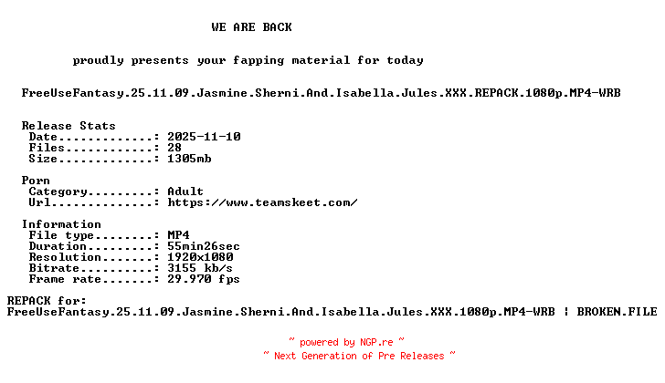 NFO for the release FreeUseFantasy.25.11.09.Jasmine.Sherni.And.Isabella.Jules.XXX.REPACK.1080p.MP4-WRB by WRB