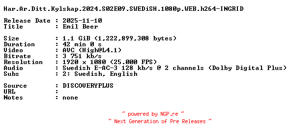 NFO for the release Har.Ar.Ditt.Kylskap.2024.S02E09.SWEDiSH.1080p.WEB.h264-INGRID by INGRID