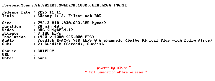 NFO for the release Forever.Young.SE.S01E03.SWEDiSH.1080p.WEB.h264-INGRID by INGRID
