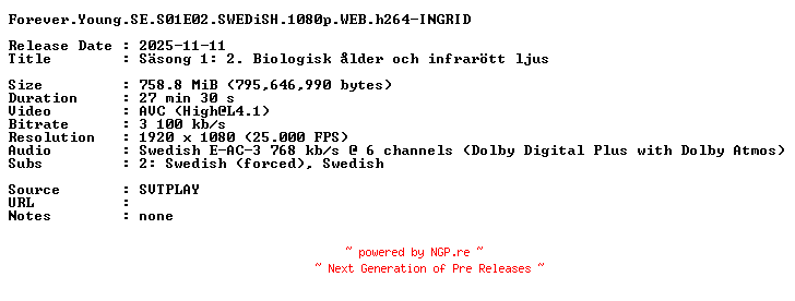 NFO for the release Forever.Young.SE.S01E02.SWEDiSH.1080p.WEB.h264-INGRID by INGRID