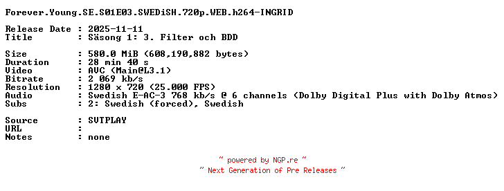 NFO for the release Forever.Young.SE.S01E03.SWEDiSH.720p.WEB.h264-INGRID by INGRID