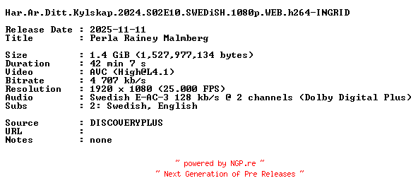 NFO for the release Har.Ar.Ditt.Kylskap.2024.S02E10.SWEDiSH.1080p.WEB.h264-INGRID by INGRID