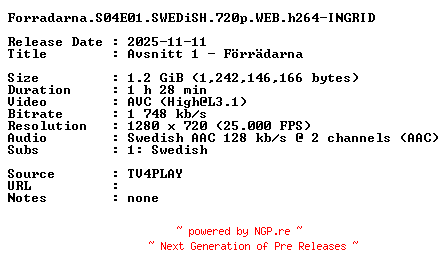 NFO for the release Forradarna.S04E01.SWEDiSH.720p.WEB.h264-INGRID by INGRID