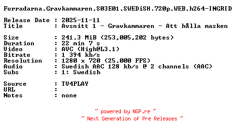 NFO for the release Forradarna.Gravkammaren.S03E01.SWEDiSH.720p.WEB.h264-INGRID by INGRID