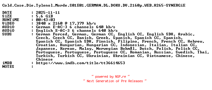 NFO for the release Cold.Case.Die.Tylenol.Morde.S01E01.GERMAN.DL.DOKU.DV.2160p.WEB.H265-SYNERGiE by SYNERGiE