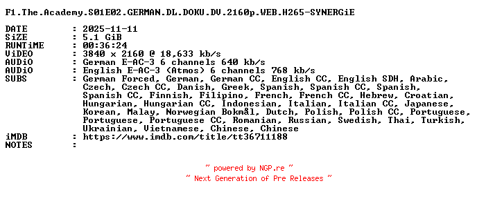 NFO for the release F1.The.Academy.S01E02.GERMAN.DL.DOKU.DV.2160p.WEB.H265-SYNERGiE by SYNERGiE