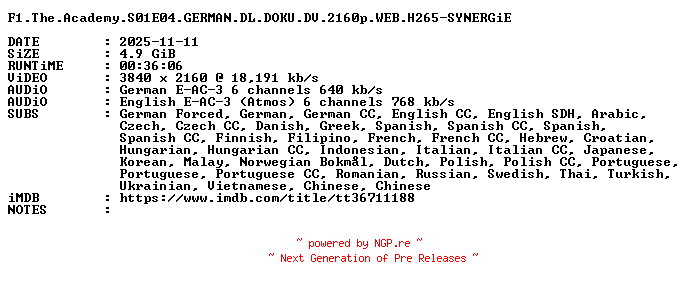 NFO for the release F1.The.Academy.S01E04.GERMAN.DL.DOKU.DV.2160p.WEB.H265-SYNERGiE by SYNERGiE