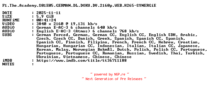 NFO for the release F1.The.Academy.S01E05.GERMAN.DL.DOKU.DV.2160p.WEB.H265-SYNERGiE by SYNERGiE