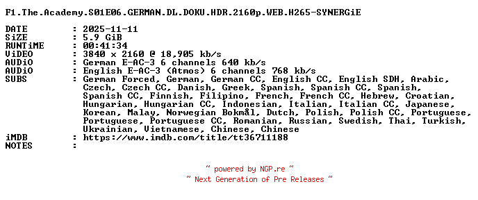NFO for the release F1.The.Academy.S01E06.GERMAN.DL.DOKU.HDR.2160p.WEB.H265-SYNERGiE by SYNERGiE