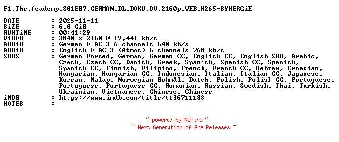 NFO for the release F1.The.Academy.S01E07.GERMAN.DL.DOKU.DV.2160p.WEB.H265-SYNERGiE by SYNERGiE