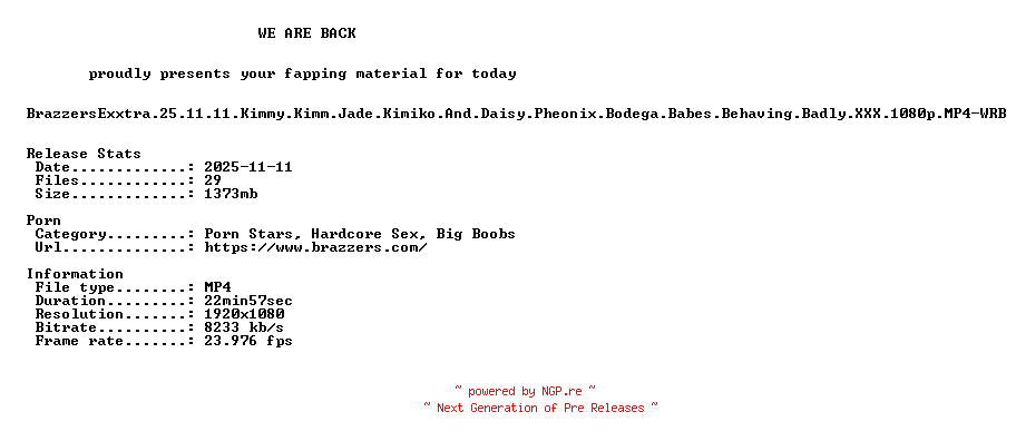 NFO for the release BrazzersExxtra.25.11.11.Kimmy.Kimm.Jade.Kimiko.And.Daisy.Pheonix.Bodega.Babes.Behaving.Badly.XXX.1080p.MP4-WRB by WRB