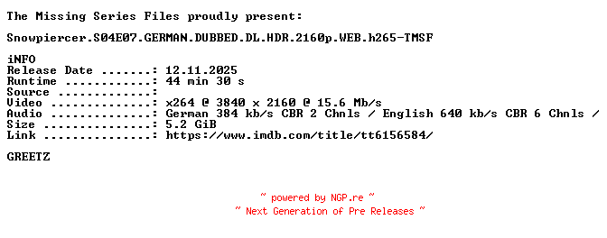 NFO for the release Snowpiercer.S04E07.GERMAN.DUBBED.DL.HDR.2160p.WEB.h265-TMSF by TMSF
