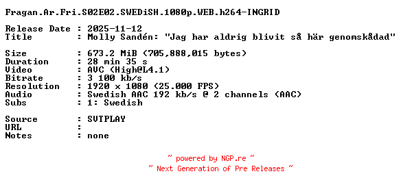 NFO for the release Fragan.Ar.Fri.S02E02.SWEDiSH.1080p.WEB.h264-INGRID by INGRID