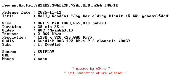 NFO for the release Fragan.Ar.Fri.S02E02.SWEDiSH.720p.WEB.h264-INGRID by INGRID
