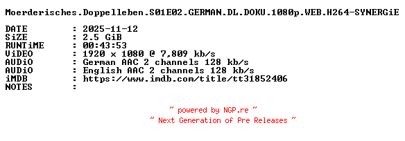 NFO for the release Moerderisches.Doppelleben.S01E02.GERMAN.DL.DOKU.1080p.WEB.H264-SYNERGiE by SYNERGiE