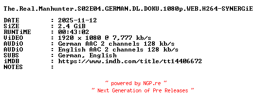 NFO for the release The.Real.Manhunter.S02E04.GERMAN.DL.DOKU.1080p.WEB.H264-SYNERGiE by SYNERGiE