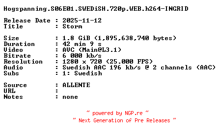 NFO for the release Hogspanning.S06E01.SWEDiSH.720p.WEB.h264-INGRID by INGRID