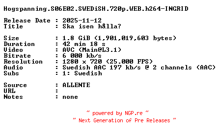 NFO for the release Hogspanning.S06E02.SWEDiSH.720p.WEB.h264-INGRID by INGRID